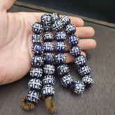 BEAUTIFUL OLD Hand Painted Etched Blue GLASS Vintage ANTIQUE BEADS 17-18mm